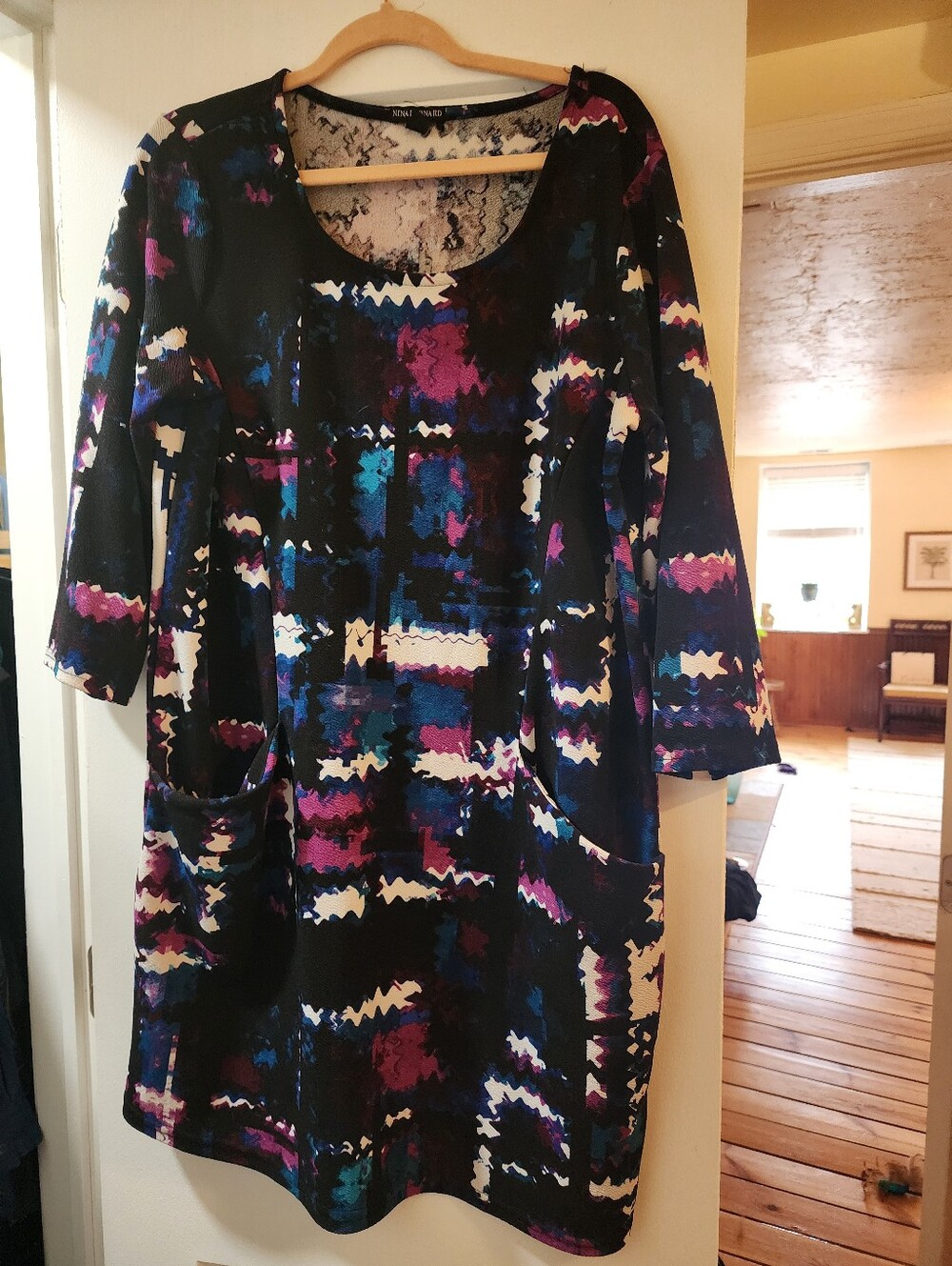 Nina Leonard Black Abstract Print Tunic Dress with Purple & Blue Accents